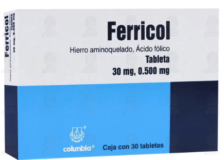 Hierro aminoquelado y ácido fólico. Tableta Cada Tableta contiene: Hierro aminoquelado equivalente a 30 mg de hierro elemental. Acido fólico 0.500 mg Envase con 30 Tabletas.